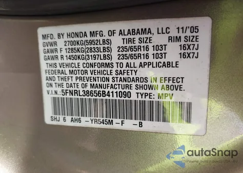 2006 Honda Odyssey Ex-L z USA, uszkodzony, nr VIN 5FNRL38656B411090
